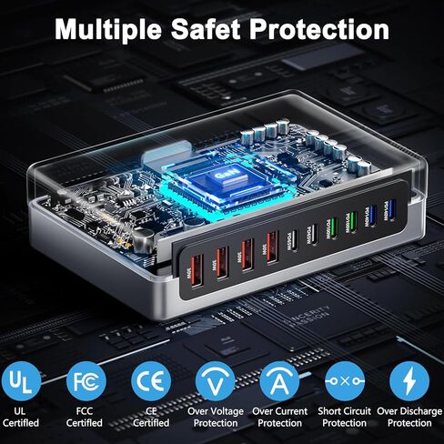 شاحن USB C بقوة 730 واط، محطة شحن USB، كتلة شاحن سريع 10 منافذ GaN [6 USBC+ 4 USBA]، محور شاحن متوافق مع أجهزة الكمبيوتر المحمول، MacBook، iPad، iPhone 17/16/15/14/13/Pro Max، Samsung Galaxy S24 S23 S22 in Kuwait