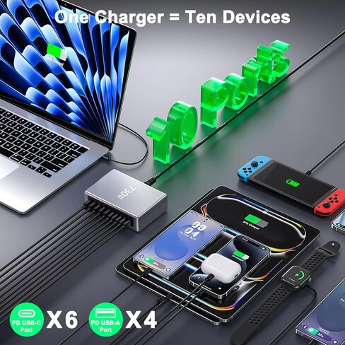 شاحن USB C بقوة 730 واط، محطة شحن USB، كتلة شاحن سريع 10 منافذ GaN [6 USBC+ 4 USBA]، محور شاحن متوافق مع أجهزة الكمبيوتر المحمول، MacBook، iPad، iPhone 17/16/15/14/13/Pro Max، Samsung Galaxy S24 S23 S22 in Kuwait