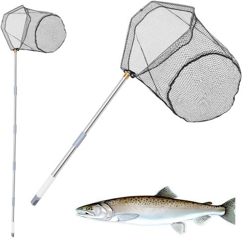 Fishing Net with Handle, 40-84Inch Extension Rod - Adjustable Stainless Steel Handle Foldable Landing Net for Steelhead, Salmon, Bass & More, Ideal for Kayak/Fly Fishing, Fishing Gear Gifts for Men in Saudi Arabia