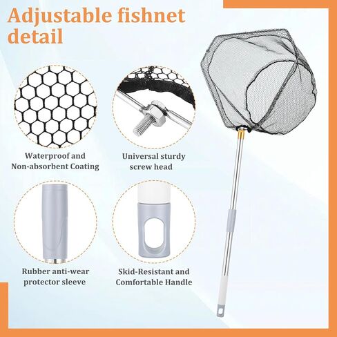 Fishing Net with Handle, 40-84Inch Extension Rod - Adjustable Stainless Steel Handle Foldable Landing Net for Steelhead, Salmon, Bass & More, Ideal for Kayak/Fly Fishing, Fishing Gear Gifts for Men in Saudi Arabia