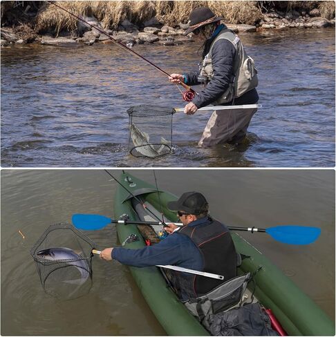 Fishing Net with Handle, 40-84Inch Extension Rod - Adjustable Stainless Steel Handle Foldable Landing Net for Steelhead, Salmon, Bass & More, Ideal for Kayak/Fly Fishing, Fishing Gear Gifts for Men in Saudi Arabia