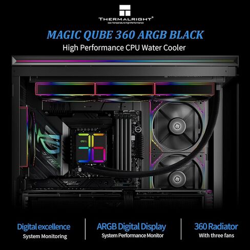 Thermalright Magic Qube 360 ARGB Black CPU AIO Cooler with ARGB Digital Display Cold Head, Wireless Splicing 3 Fans-2000RPM, 360 Liquid Cooling for LGA1851/1700/1150/1151/1200/AM4/AM5 in Saudi Arabia
