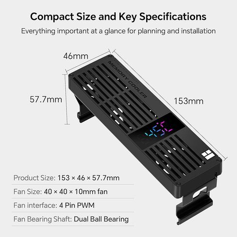 Thermalright MC-3 Digital Memory RAM Cooler, Triple 40mm PWM Fans, ARGB Display, 4500RPM, for DDR/DDR2/DDR3/DDR4/DDR5, Black (Black) in Saudi Arabia