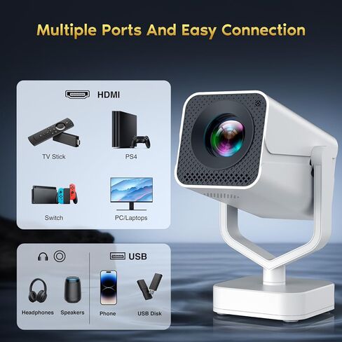 Mini Portable Projector with WiFi 6 and Bluetooth 5.2 Android, 1080P 4K Support with Apps Built in, 200 ANSI Lumens, Auto Keystone, 270° Rotatable Outdoor Wireless Projector Compatible with HDMI/Phone in Saudi Arabia