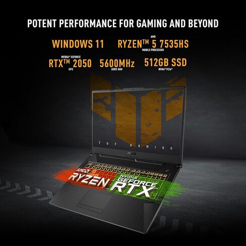 ASUS TUF Gaming A17 (2023) Gaming Laptop, 17.3" FHD 144Hz IPS-Level Display, NVIDIA® GeForce RTX™ 2050, AMD® Ryzen™ 5 7535HS, 86GB DDR5, 512GB PCIe Gen4 SSD, Wi-Fi 6, Windows 11, FA706NF-RS51 in Saudi Arabia