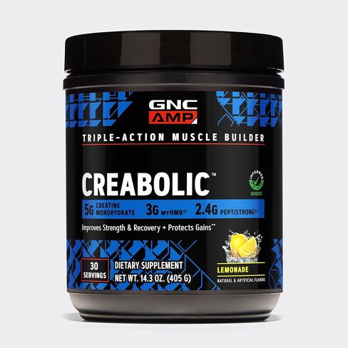 GNC AMP Creabolic - Creatine Monohydrate Powder - High-Potency 5g Creatine with HMB & PeptiStrong - Triple Action Muscle Formula - No Added Sugars - Tropical Punch - 30 Servings in Saudi Arabia