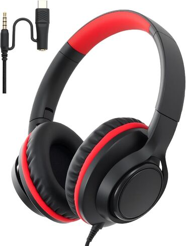 USB C & 3.5mm 2 in 1 Wired Headphones, Stereo Over Ear Headphones with HD Mic, Tangle-Free Nylon Cord, Foldable Earphones for iPad, Tablet, Laptop, Android, School, Travel in Saudi Arabia