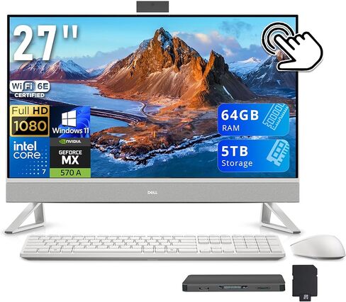 كمبيوتر مكتبي الكل في واحد بشاشة لمس FHD مقاس 27 بوصة من Dell، Intel Core 7 150U، ذاكرة DDR5 سعة 32 جيجابايت، سعة تخزين 2 تيرابايت (مجموعة قاعدة توصيل 1 تيرابايت SSD+1 تيرابايت)، NVIDIA GeForce MX570A، كاميرا ويب، لوحة مفاتيح وماوس لاسلكيين، Windows 11، أ in Saudi Arabia