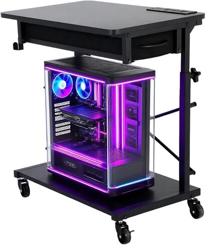 PC Tower Stand, Computer Tower Stand Under Desk，PC Stand for Floor with Drawer & 2 Lockable Castors，2 Tier Computer Cart for ATX Case，Office，Game Rooms，Study Room in Saudi Arabia