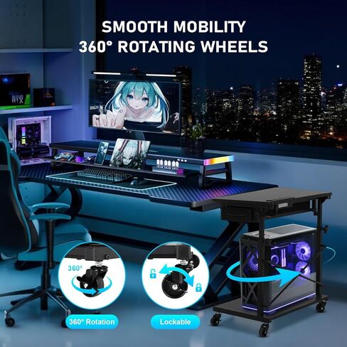 PC Tower Stand, Computer Tower Stand Under Desk，PC Stand for Floor with Drawer & 2 Lockable Castors，2 Tier Computer Cart for ATX Case，Office，Game Rooms，Study Room in Saudi Arabia