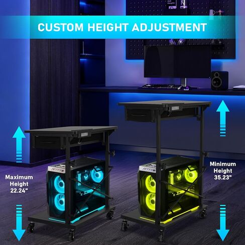 PC Tower Stand, Computer Tower Stand Under Desk，PC Stand for Floor with Drawer & 2 Lockable Castors，2 Tier Computer Cart for ATX Case，Office，Game Rooms，Study Room in Saudi Arabia