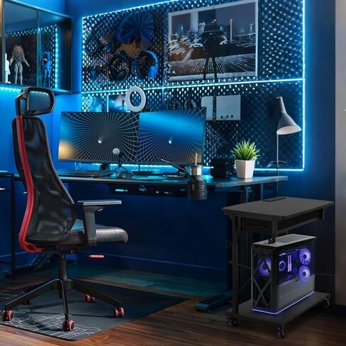 PC Tower Stand, Computer Tower Stand Under Desk，PC Stand for Floor with Drawer & 2 Lockable Castors，2 Tier Computer Cart for ATX Case，Office，Game Rooms，Study Room in Saudi Arabia