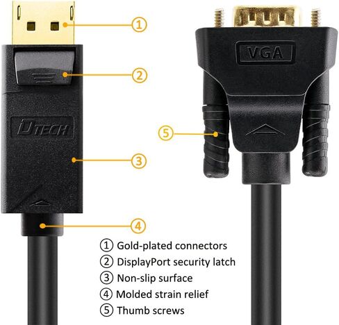 كابل DTech Displayport إلى VGA بطول 10 أقدام، محول سلك DP ذكر إلى ذكر مع موصل مطلي بالذهب (أسود، 10 أقدام) in Kuwait