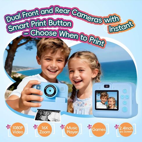 Kids Instant Print Camera, 1080P Selfie Video Camera with DIY Journal Kit – 200+ Accessories, Christmas & Birthday Gifts for Girls & Boys Ages 3-12 (Blue) in Kuwait