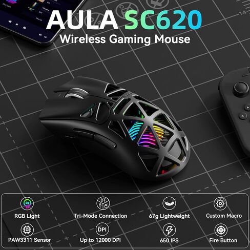 ماوس ألعاب لاسلكي Aula SC620، ثلاثي الوضع 2.4 جيجا هرتز/USB-C/BT5.3 ماوس كمبيوتر مع 12000 نقطة في البوصة، ماوس ألعاب ماكرو قابل للبرمجة مع مفتاح حريق سريع، ماوس ألعاب RGB Light للكمبيوتر الشخصي/الكمبيوتر المحمول/Mac (أسود) in Kuwait