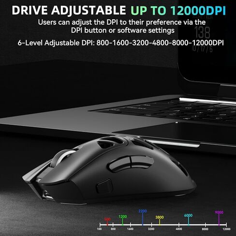 ماوس ألعاب لاسلكي Aula SC620، ثلاثي الوضع 2.4 جيجا هرتز/USB-C/BT5.3 ماوس كمبيوتر مع 12000 نقطة في البوصة، ماوس ألعاب ماكرو قابل للبرمجة مع مفتاح حريق سريع، ماوس ألعاب RGB Light للكمبيوتر الشخصي/الكمبيوتر المحمول/Mac (أسود) in Kuwait