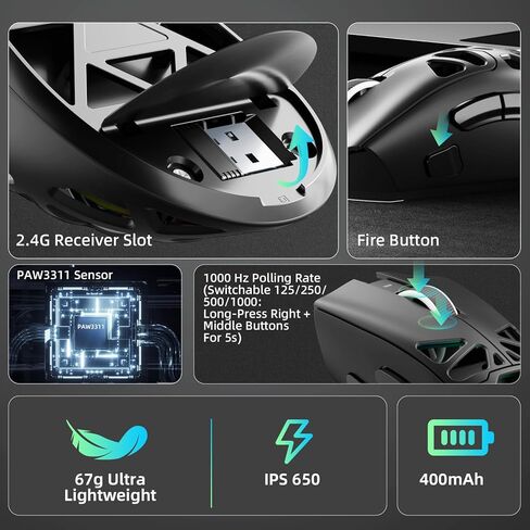 ماوس ألعاب لاسلكي Aula SC620، ثلاثي الوضع 2.4 جيجا هرتز/USB-C/BT5.3 ماوس كمبيوتر مع 12000 نقطة في البوصة، ماوس ألعاب ماكرو قابل للبرمجة مع مفتاح حريق سريع، ماوس ألعاب RGB Light للكمبيوتر الشخصي/الكمبيوتر المحمول/Mac (أسود) in Kuwait