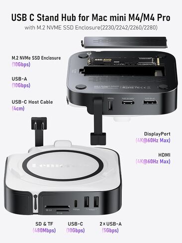 قاعدة Lemorele 9 في 1 Mac mini M4، Dual 4K@60 هرتز HDMI 2.0 & DP 1.4، فتحة M.2 NVMe بسرعة 10 جيجابت في الثانية، USB-C وUSB-A بسرعة 10 جيجابت في الثانية، 2X USB-A 3.0، قارئ بطاقات SD/TF 2.0، متوافق مع Mac mini M4/M4 Pro in Saudi Arabia
