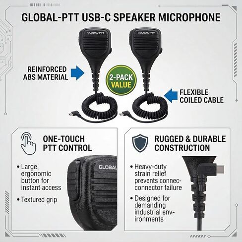 ميكروفون مكبر صوت USB-C من Global-ptt (عبوة من قطعتين) - ميكروفون عن بعد عالي التحمل مع زر الضغط والتحدث، وأجهزة راديو PoC المتوافقة مع إلغاء الضوضاء 5288، 5288PLUS، G8PLUS G6PLUS in Kuwait