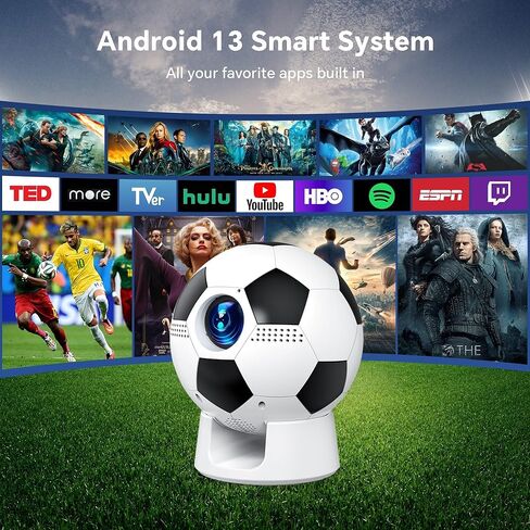 Smart Mini Projector, Android 13 WiFi Bluetooth, Football-Shaped Movie Projector, Electric Focus, Auto Keystone, 1080P Supported, for Bedroom Outdoor, Compatible with Smartphone HDMI USB in Saudi Arabia
