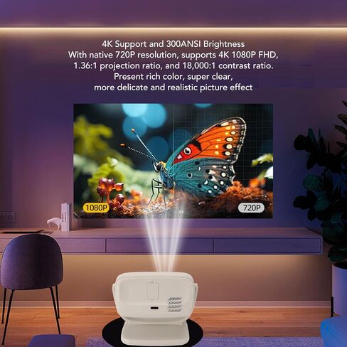 4K Projector with Wi Fi and Bluetooth, 180° Rotating Movie Projector, Portable Projector with 300 ANSI, Outdoor Projector for Phone PC TV Stick DVD USB HDMI (US Plug) in Saudi Arabia