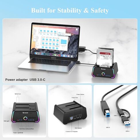 محطة إرساء القرص الصلب، قاعدة USB C مزدوجة الخليج لـ 2.5/3.5 بوصة SATA HDD SSD، قارئ القرص الصلب حتى 5 جيجابت في الثانية، يدعم وظيفة النسخ دون اتصال UASP in Kuwait
