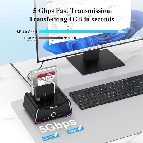 محطة إرساء القرص الصلب، قاعدة USB C مزدوجة الخليج لـ 2.5/3.5 بوصة SATA HDD SSD، قارئ القرص الصلب حتى 5 جيجابت في الثانية، يدعم وظيفة النسخ دون اتصال UASP in Kuwait