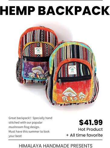 Unique Design Mushroom Embroidered Himalaya Hemp Hippie Festival Hiking Backpack - FAIR TRADE Handmade with Love in Saudi Arabia