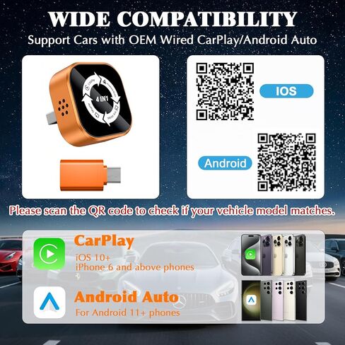 محول انعكاس شاشة CarPlay اللاسلكي 4 في 1 لـ Apple CarPlay/Android Auto، محول AirPlay MirrorLink المحسن لعام 2026، دونجل CarPlay تحويل سلكي إلى لاسلكي، وصلة من النوع C، التوصيل والتشغيل in Saudi Arabia