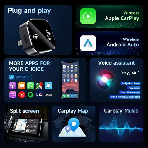 محول لاسلكي Mini CarPlay مع أزرار الوظائف - عصا CarPlay Dongle لنظام iOS 10+، USB ونوع C، التوصيل والتشغيل، اتصال مستقر وبدون زمن الوصول (أسود) in Saudi Arabia