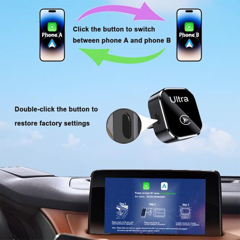 محول لاسلكي Mini CarPlay مع أزرار الوظائف - عصا CarPlay Dongle لنظام iOS 10+، USB ونوع C، التوصيل والتشغيل، اتصال مستقر وبدون زمن الوصول (أسود) in Saudi Arabia
