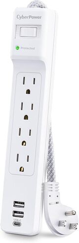 CyberPower P405UC Surge Protector, 4 Outlets, 5 ft Braided Power Cord, 1500 Joules, 1 USB‑C & 1 USB‑A Charging Ports, Right‑Angle Plug, Wall Mountable, White in Saudi Arabia