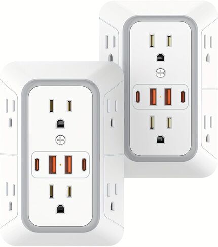 موسع منفذ، منفذ حائط متعدد المقابس مع 6 منافذ تيار متردد و4 منافذ USB (2 USB C)، شريط طاقة ثلاثي الجوانب مع حماية من زيادة التيار 1050J، منافذ متباعدة لأساسيات مكتب النوم المنزلي، أبيض in Saudi Arabia