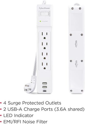 CyberPower P405UC Surge Protector, 4 Outlets, 5 ft Braided Power Cord, 1500 Joules, 1 USB‑C & 1 USB‑A Charging Ports, Right‑Angle Plug, Wall Mountable, White in Saudi Arabia