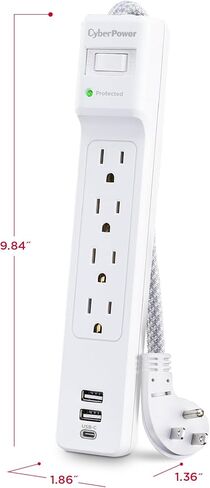 CyberPower P405UC Surge Protector, 4 Outlets, 5 ft Braided Power Cord, 1500 Joules, 1 USB‑C & 1 USB‑A Charging Ports, Right‑Angle Plug, Wall Mountable, White in Saudi Arabia