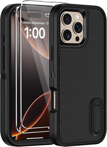 حافظة لهاتف iPhone 16 Pro مع حافظة بمشبك حزام، واقيات شاشة 2X، حماية شديدة التحمل ضد الصدمات من الدرجة العسكرية 3 طبقات غطاء هاتف متين مغطى بالكامل مع مسند 6.3 بوصة (أسود) in Kuwait