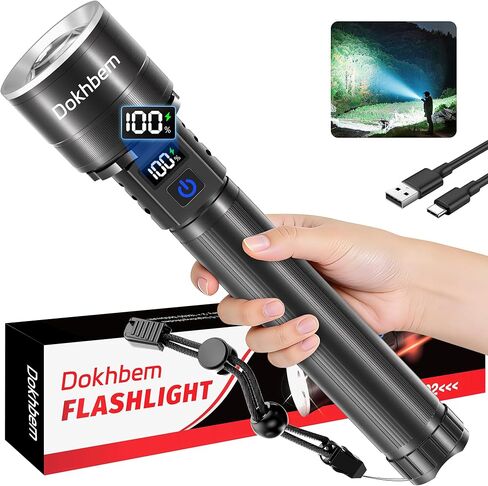 Rechargeable LED Flashlight 90000High Lumens, Super Bright Flashlight LCD Digital Display Flash Light with 5 Modes & Waterproof, Powerful Handheld Flashlight for Camping Emergencies in Kuwait