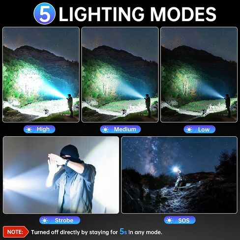 Rechargeable LED Flashlight 90000High Lumens, Super Bright Flashlight LCD Digital Display Flash Light with 5 Modes & Waterproof, Powerful Handheld Flashlight for Camping Emergencies in Kuwait