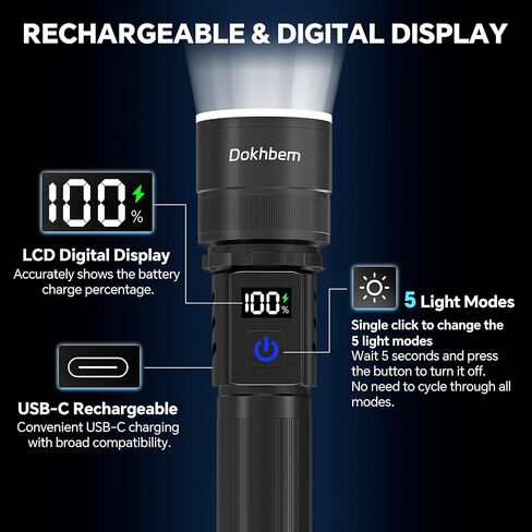 Rechargeable LED Flashlight 90000High Lumens, Super Bright Flashlight LCD Digital Display Flash Light with 5 Modes & Waterproof, Powerful Handheld Flashlight for Camping Emergencies in Kuwait