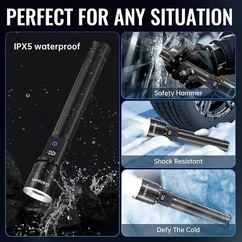 Rechargeable LED Flashlight 90000High Lumens, Super Bright Flashlight LCD Digital Display Flash Light with 5 Modes & Waterproof, Powerful Handheld Flashlight for Camping Emergencies in Kuwait