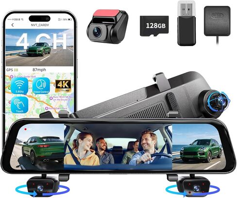 2026 4K Mirror Dash Cam 4 قنوات، شاشة لمس 12 بوصة كاميرا مرآة الرؤية الخلفية للسيارات، 4K+1080Px3 Dashcam أمامي خلفي من الداخل، رؤية ليلية بالأشعة تحت الحمراء، WiFi، APP، GPS، التحكم الصوتي، 128 جيجابايت SD مجاني in Kuwait
