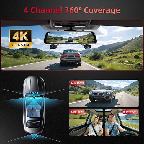 2026 4K Mirror Dash Cam 4 قنوات، شاشة لمس 12 بوصة كاميرا مرآة الرؤية الخلفية للسيارات، 4K+1080Px3 Dashcam أمامي خلفي من الداخل، رؤية ليلية بالأشعة تحت الحمراء، WiFi، APP، GPS، التحكم الصوتي، 128 جيجابايت SD مجاني in Kuwait