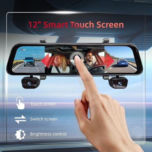 2026 4K Mirror Dash Cam 4 قنوات، شاشة لمس 12 بوصة كاميرا مرآة الرؤية الخلفية للسيارات، 4K+1080Px3 Dashcam أمامي خلفي من الداخل، رؤية ليلية بالأشعة تحت الحمراء، WiFi، APP، GPS، التحكم الصوتي، 128 جيجابايت SD مجاني in Kuwait