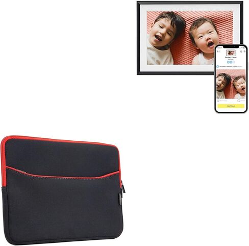 BoxWave Case Compatible with Aura WiFi Digital Picture Frame AF900-MBLK (10.1 in) - SoftSuit with Pocket, Soft Pouch Neoprene Cover Sleeve Zipper Pocket - Jet Black with Red Trim in Kuwait