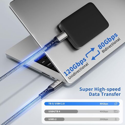 كابل Thunderbolt 5 بسرعة 80 جيجابت في الثانية متوافق مع 3.3FT، كابل USB4 2.0 مضفر 8K@165هرتز، 4K@540هرتز، عرض النطاق الترددي 120 جيجابت في الثانية، PD3.1 240W لـ iPhone 17، Mac mini، MacBook Pro، Galaxy، Thunderbolt 4، SSD، eGPU in Saudi Arabia