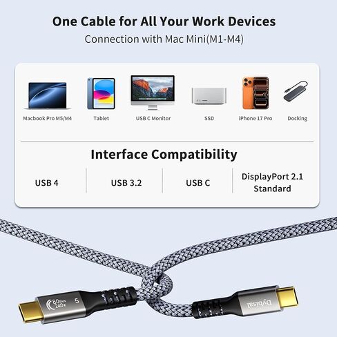 كابل Thunderbolt 5 بسرعة 80 جيجابت في الثانية متوافق مع 3.3FT، كابل USB4 2.0 مضفر 8K@165هرتز، 4K@540هرتز، عرض النطاق الترددي 120 جيجابت في الثانية، PD3.1 240W لـ iPhone 17، Mac mini، MacBook Pro، Galaxy، Thunderbolt 4، SSD، eGPU in Saudi Arabia