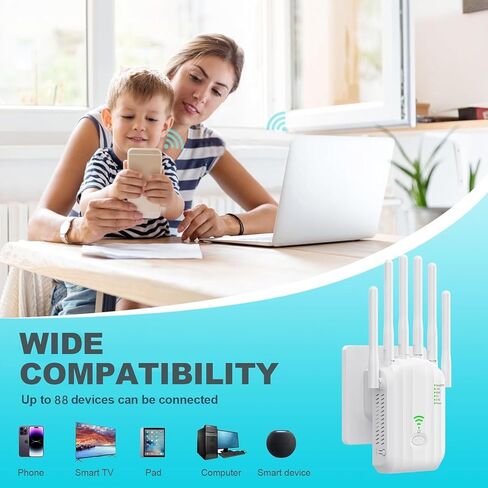 WiFi Extender Signal Booster, w/6 Antennas, 2 LAN Ports, Modes (Repeater, Router, AP), Coverage up to 8300 sq ft, for Home and Office, Easy Installation, White in Saudi Arabia