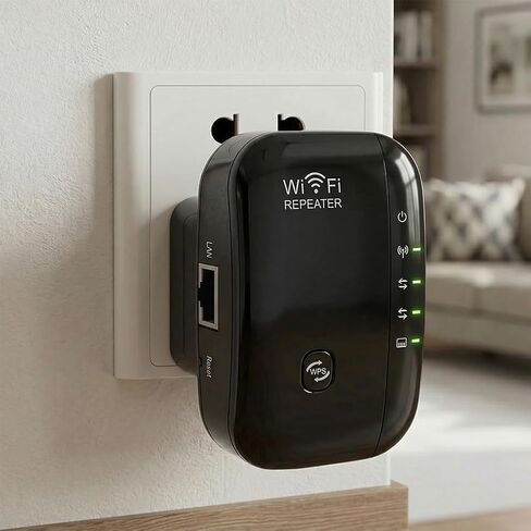 قطعة واحدة من موسع WiFi، معزز إشارة موسعات WiFi حتى 1200 قدم مربع و30 جهازًا، معزز مكرر الإنترنت اللاسلكي مع منافذ إيثرنت، إعداد WPS - الاتحاد الأوروبي، أسود in Saudi Arabia