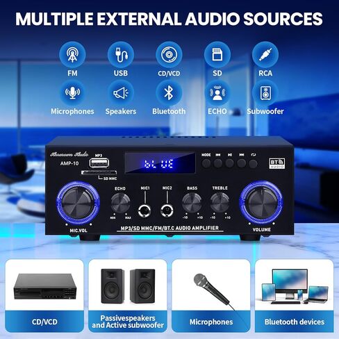 AMP-10 Bluetooth Amplifiers RMS 50WX2 Stereo Audio Amp Receivers for Home Speaker 2.0 Channel Max 600W Output Mini Power Amplifier w/FM Radio, Echo, MIC, USB, SD Input for Home,Car Audio in Saudi Arabia