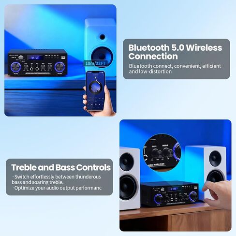 AMP-10 Bluetooth Amplifiers RMS 50WX2 Stereo Audio Amp Receivers for Home Speaker 2.0 Channel Max 600W Output Mini Power Amplifier w/FM Radio, Echo, MIC, USB, SD Input for Home,Car Audio in Saudi Arabia